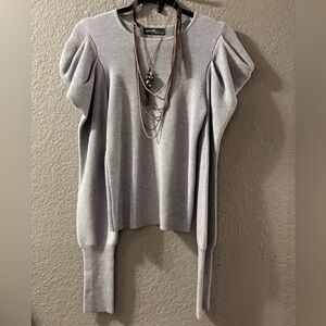 Gray Ribbed Sweater with Puff Long Sleeves Size Small